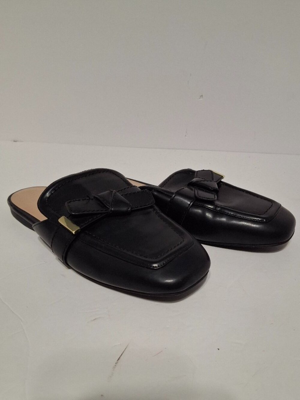 Alfani Black Bow Loafer Mule Flats Gold Hardware Square Toe Size 9.5M
